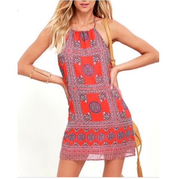 Lulus orange patterned halter tie top dress - Picture 2 of 7